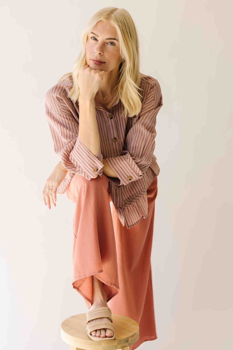 The Allona Ruffle Hem Button-Up Blouse in Mauve