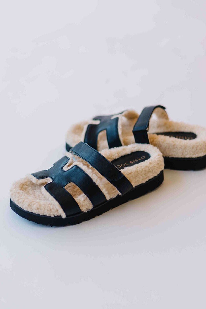 The Alpine Faux Shearling Sandal in Black