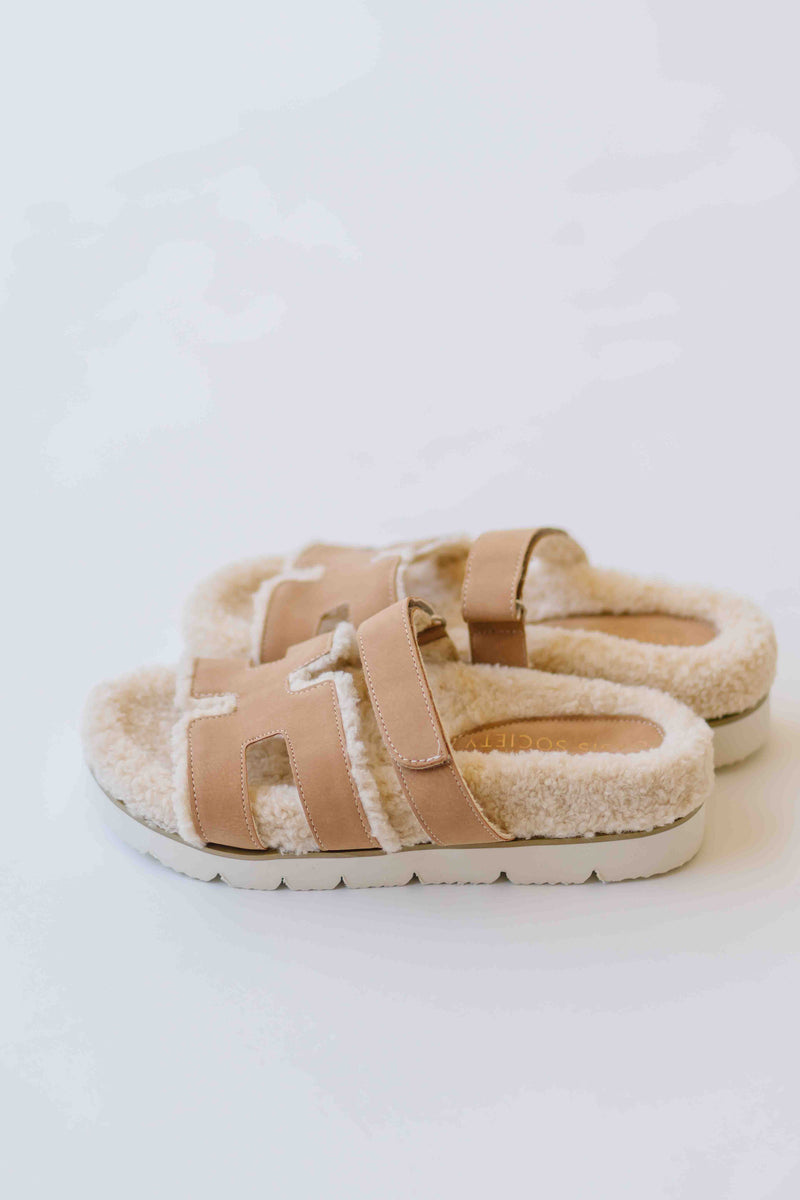 The Alpine Faux Shearling Sandal in Camel