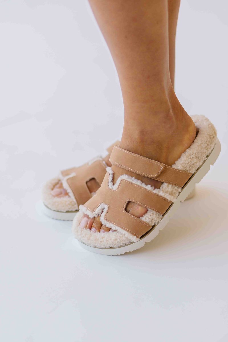 The Alpine Faux Shearling Sandal in Camel
