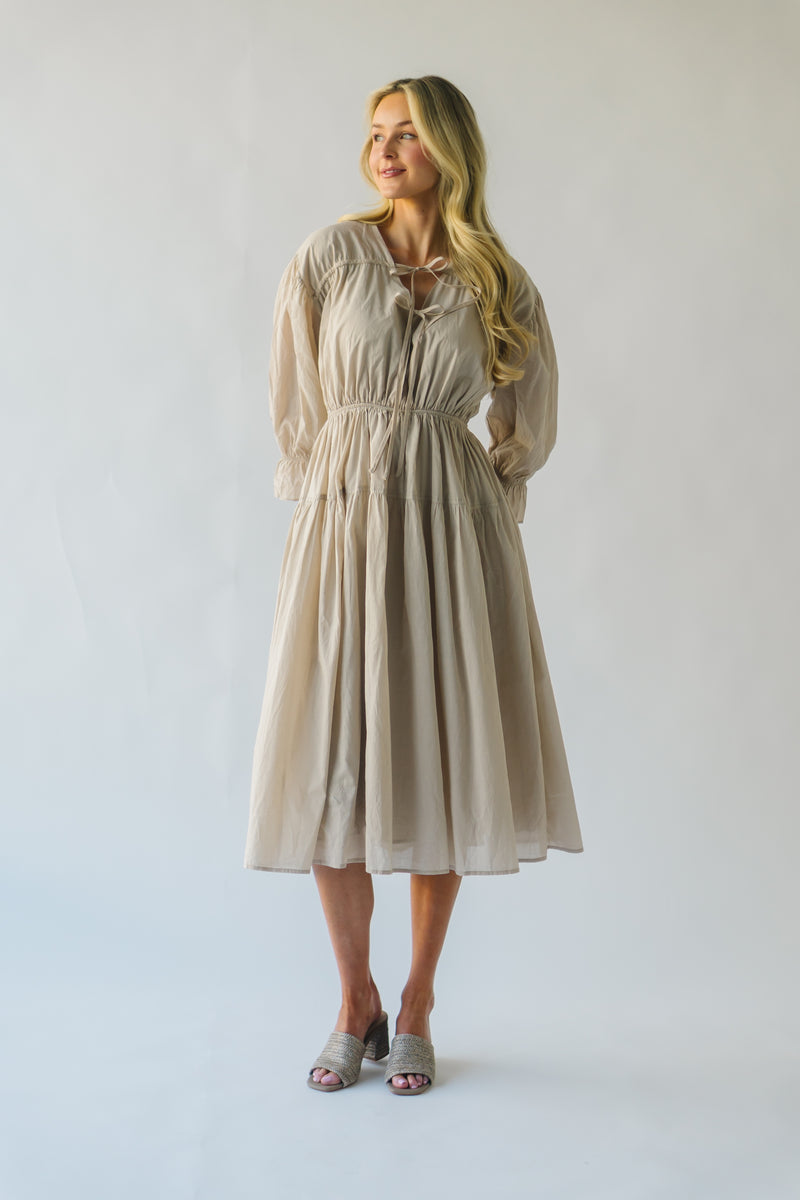 The Martinsen Front Tie Midi Dress in Tan