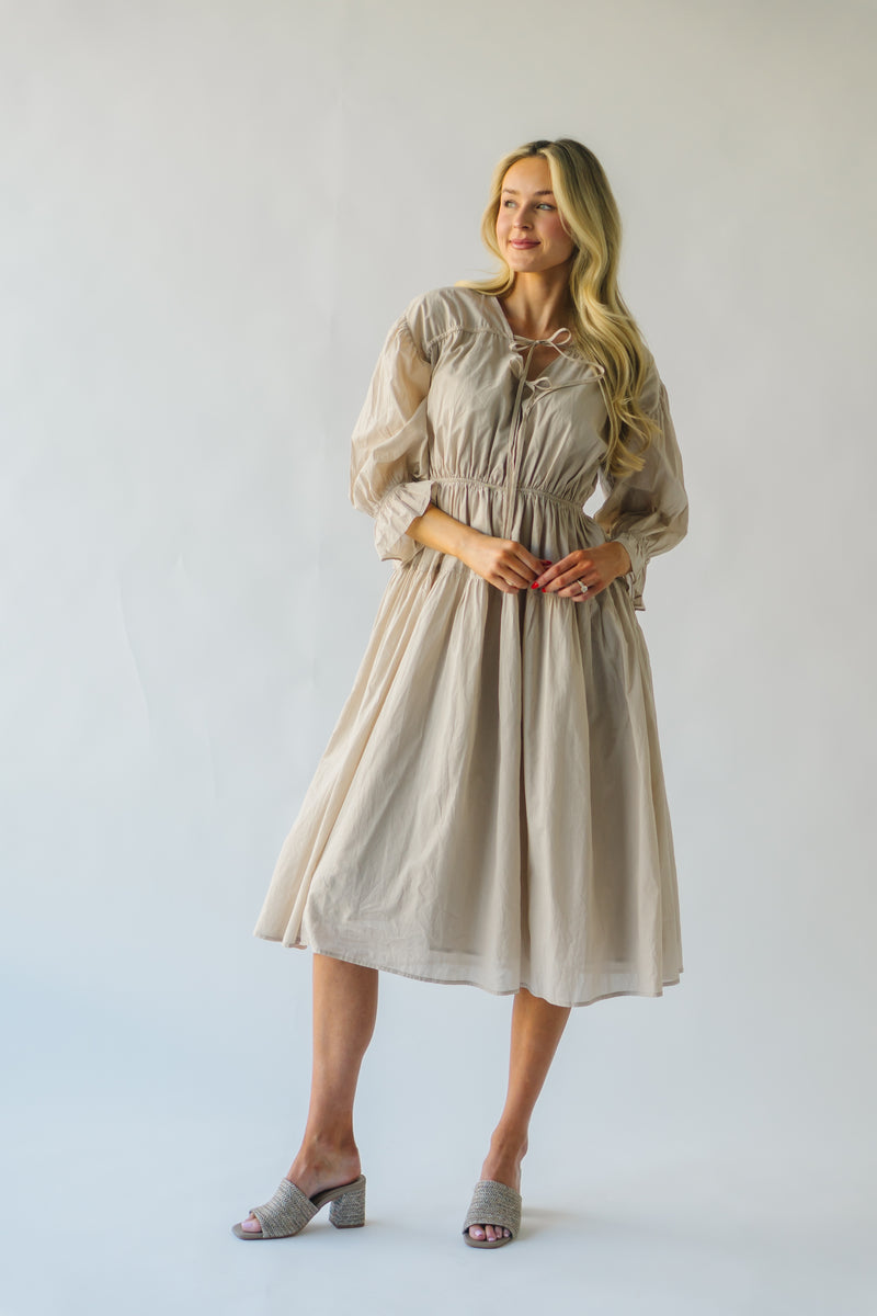 The Martinsen Front Tie Midi Dress in Tan