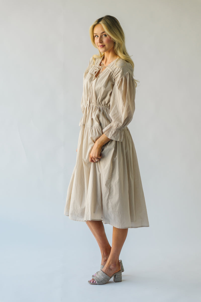 The Martinsen Front Tie Midi Dress in Tan