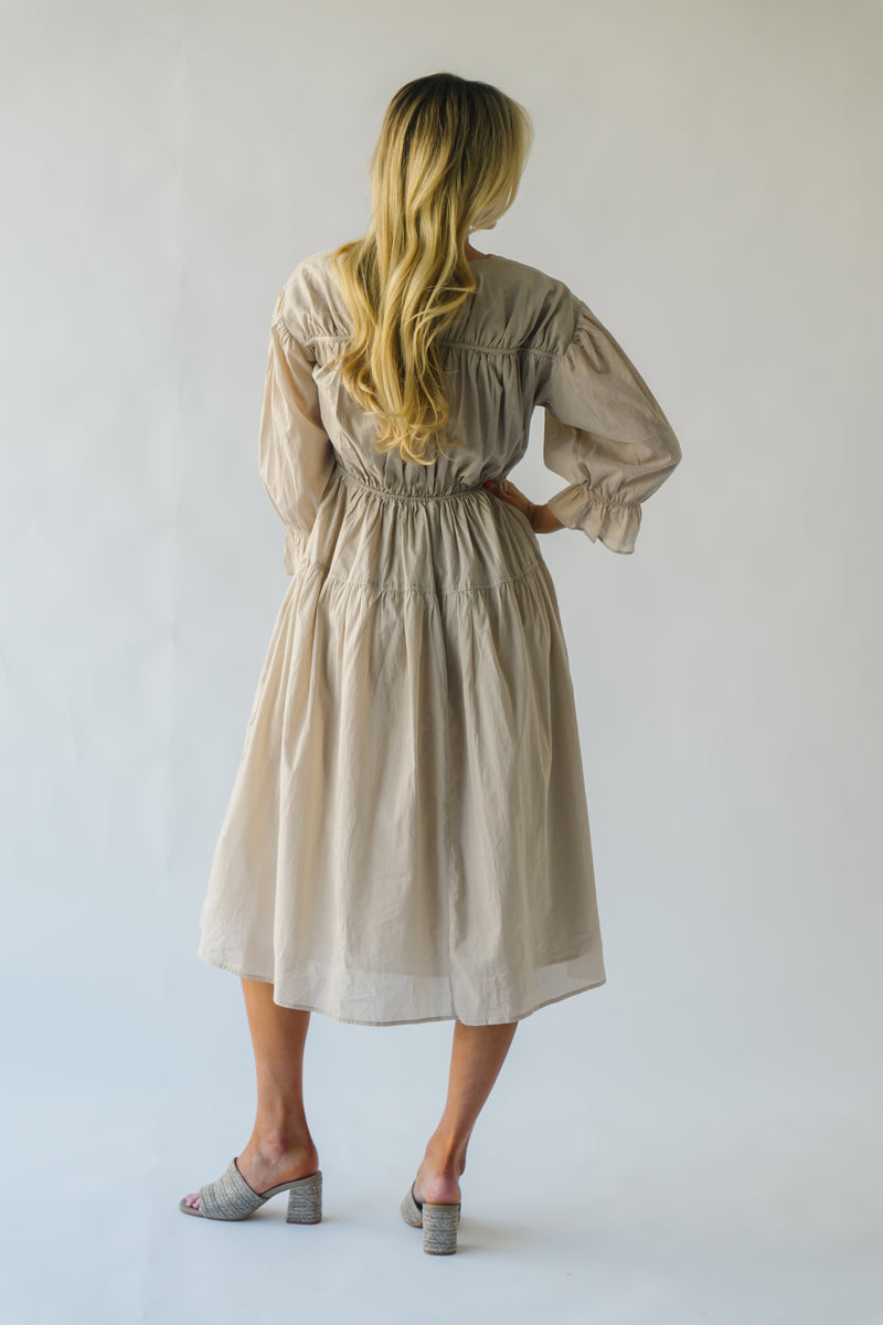 The Martinsen Front Tie Midi Dress in Tan