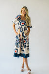 The Armada Puff Sleeve Satin Midi Dress in Navy Multi