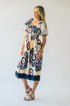 The Armada Puff Sleeve Satin Midi Dress in Navy Multi