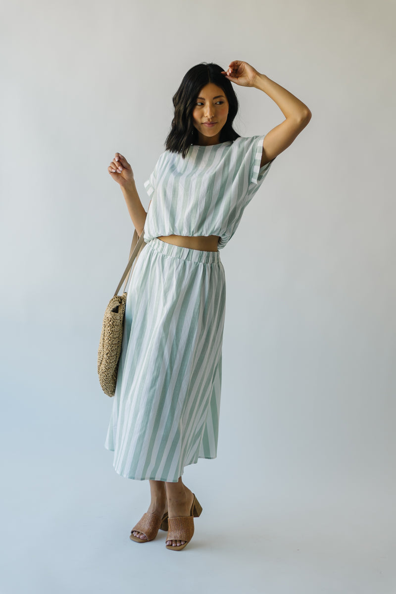 The Eudora Midi Skirt in Sage Stripe
