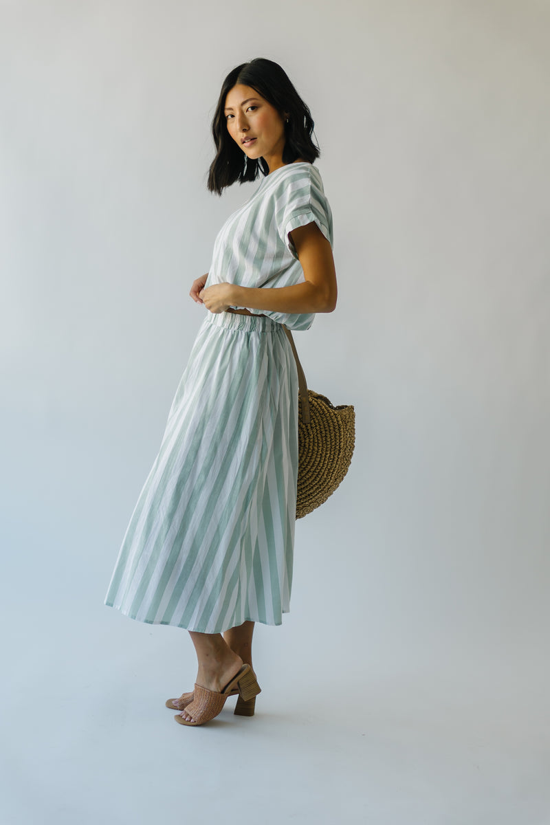The Eudora Midi Skirt in Sage Stripe
