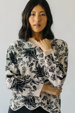 The Marty Scalloped Sweater in Taupe Floral