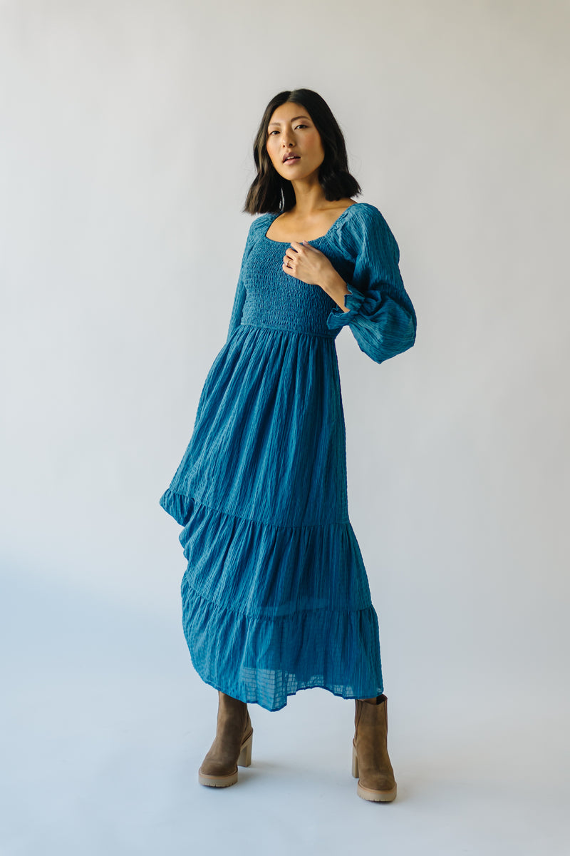 The Macedonia Tiered Midi Dress in Blue