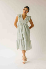 The Denton Floral Embroidered Midi Dress in Sage Gingham