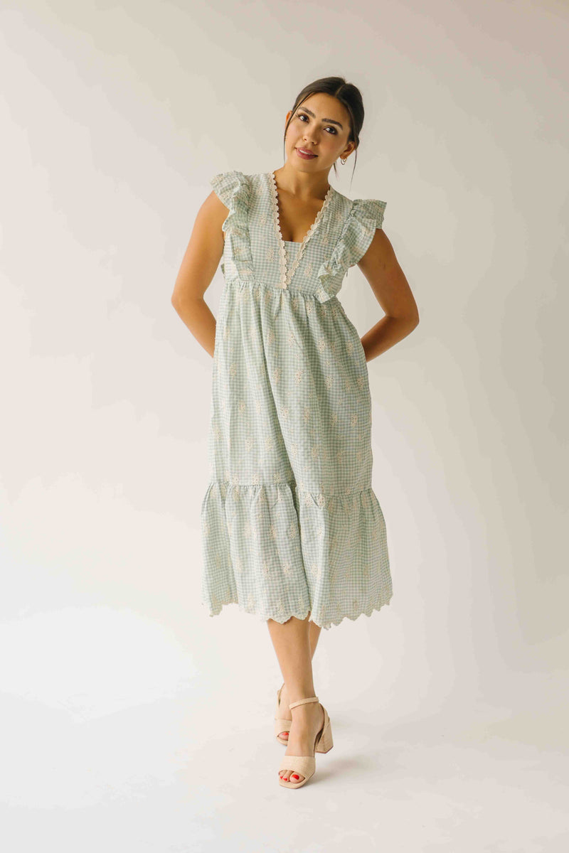 The Denton Floral Embroidered Midi Dress in Sage Gingham