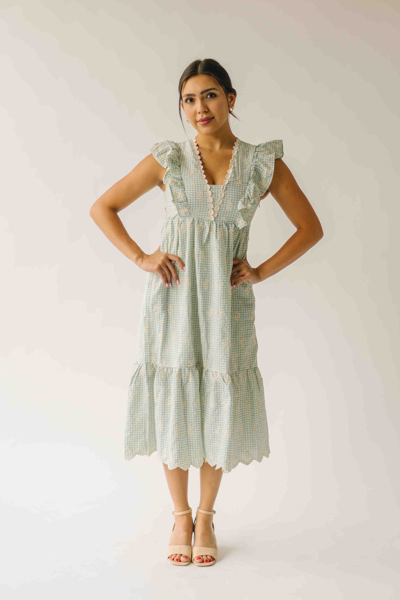 The Denton Floral Embroidered Midi Dress in Sage Gingham