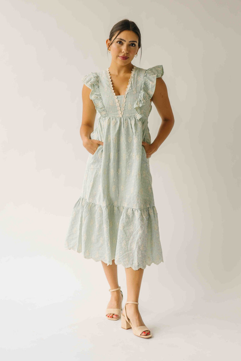 The Denton Floral Embroidered Midi Dress in Sage Gingham