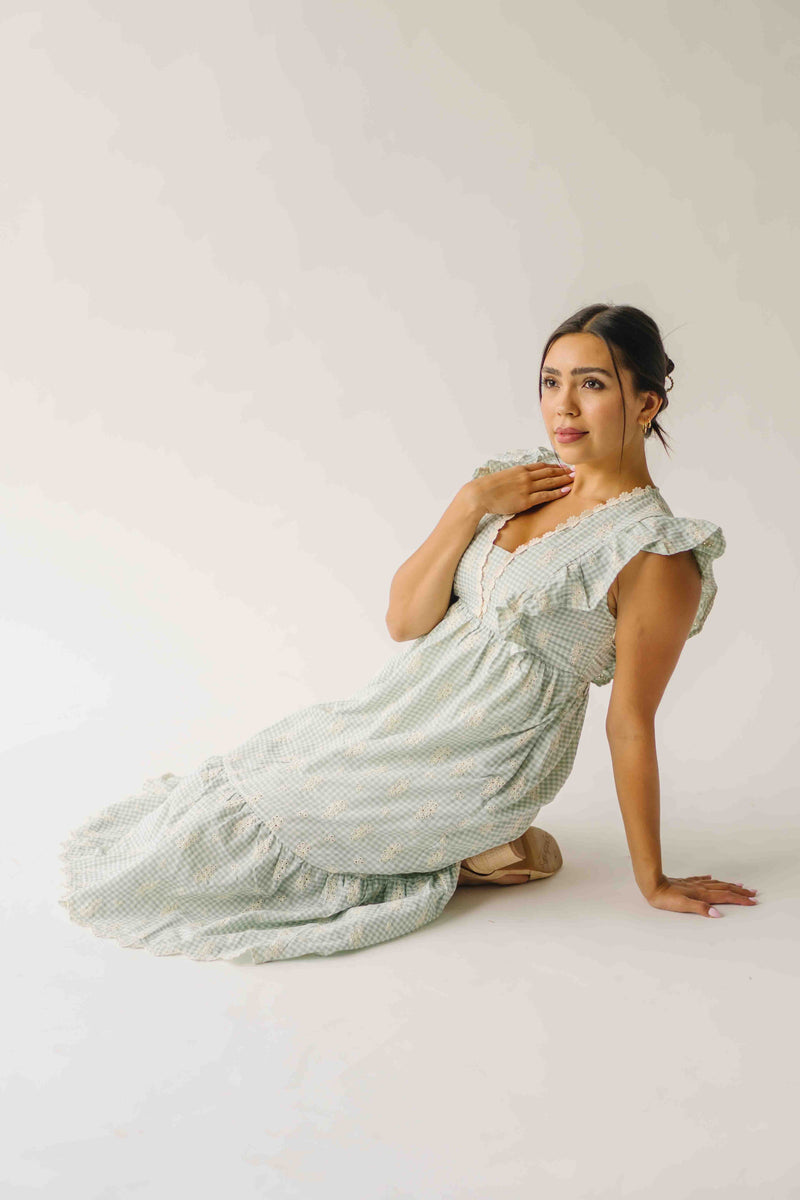 The Denton Floral Embroidered Midi Dress in Sage Gingham