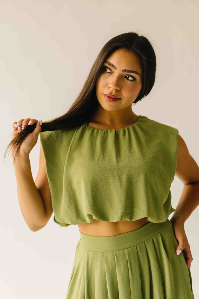The Kalie Balloon Cropped Blouse in Olive Green