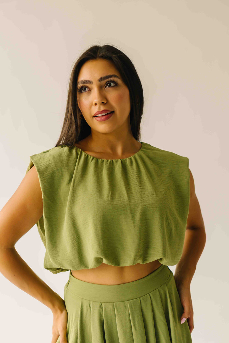 The Kalie Balloon Cropped Blouse in Olive Green