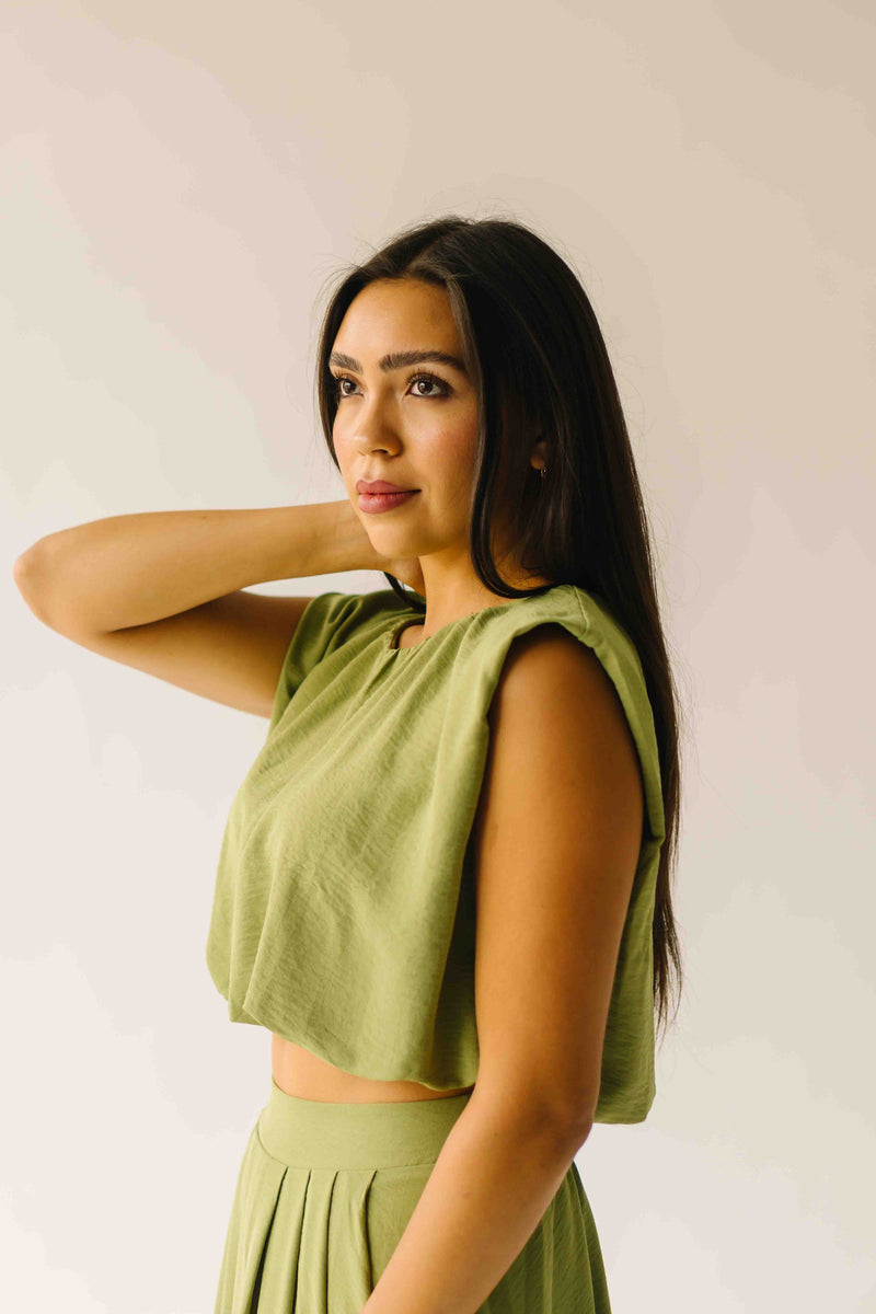 The Kalie Balloon Cropped Blouse in Olive Green