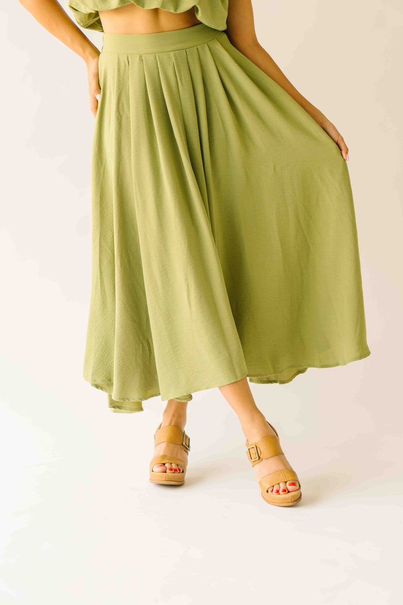 The Keller Pleated Midi Skirt in Olive Green