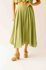 The Keller Pleated Midi Skirt in Olive Green