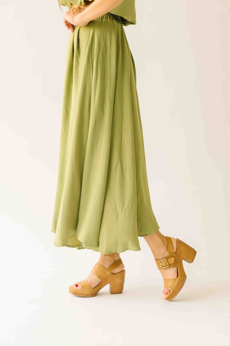 The Keller Pleated Midi Skirt in Olive Green