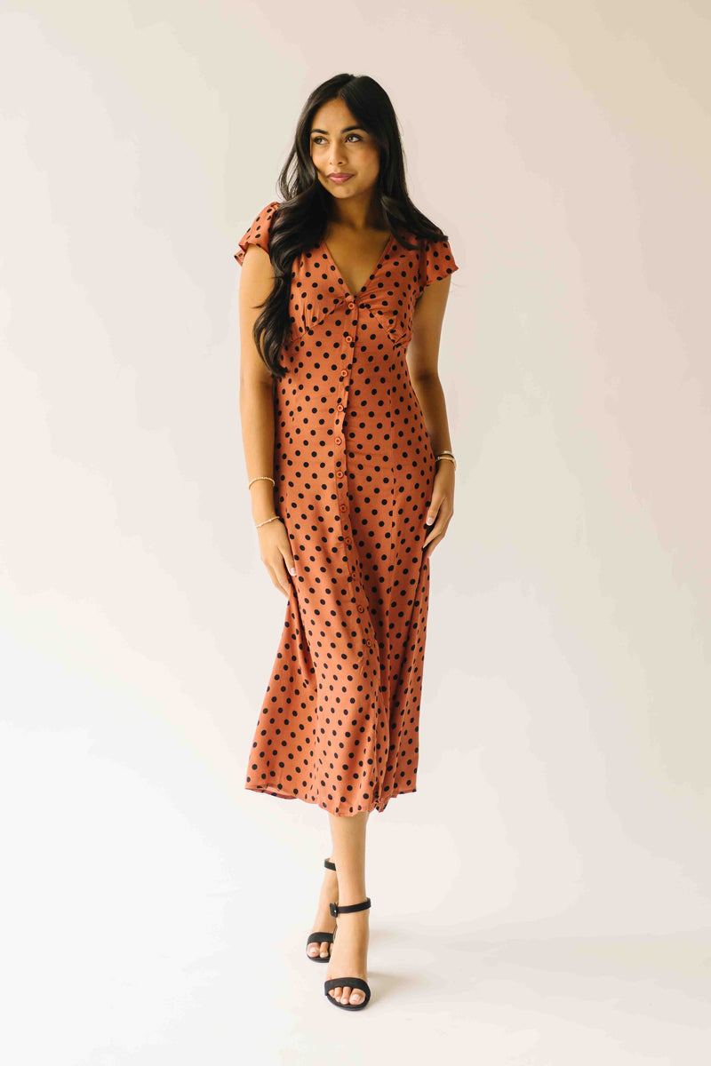 The Dennis Dotted Button-Up Midi Dress in Rust