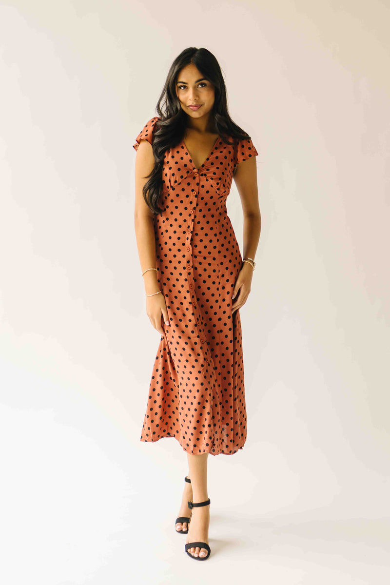 The Dennis Dotted Button-Up Midi Dress in Rust