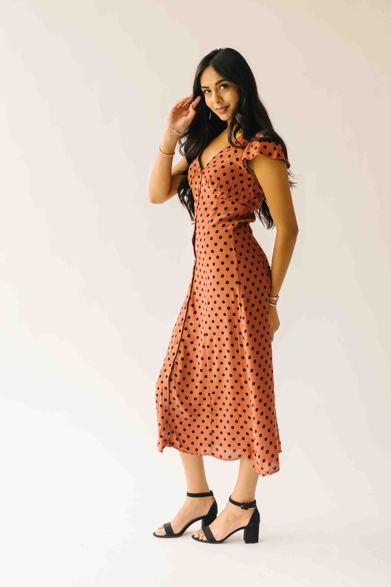 The Dennis Dotted Button-Up Midi Dress in Rust