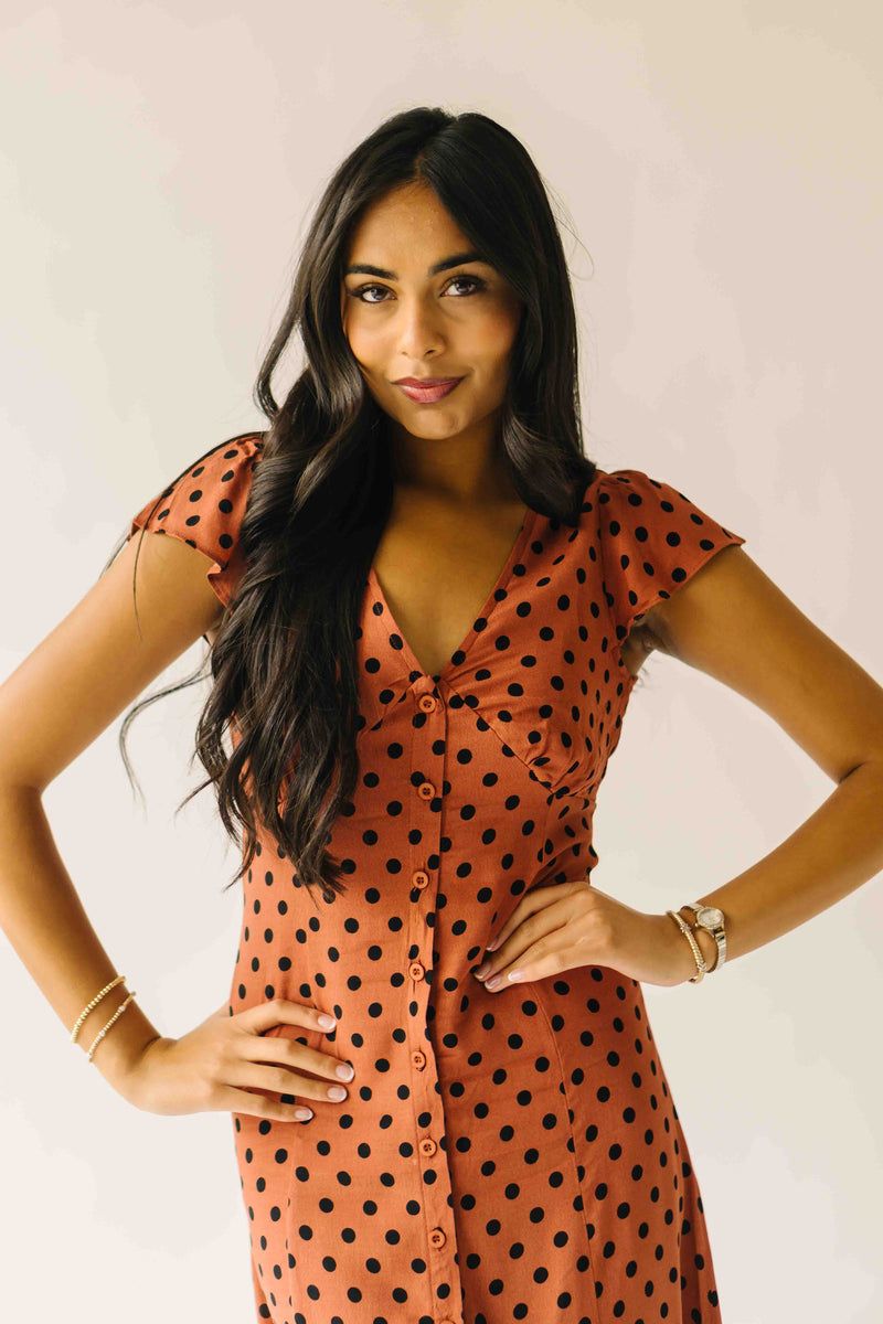 The Dennis Dotted Button-Up Midi Dress in Rust