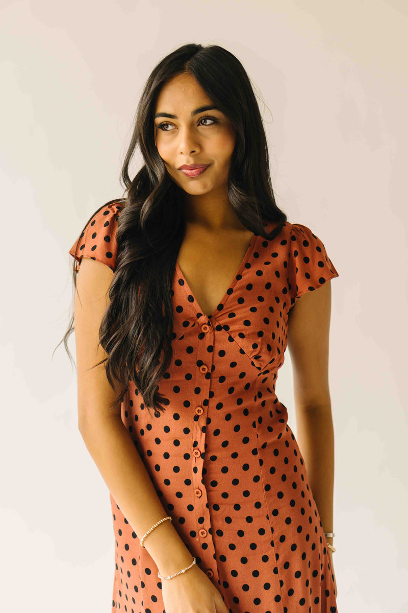 The Dennis Dotted Button-Up Midi Dress in Rust