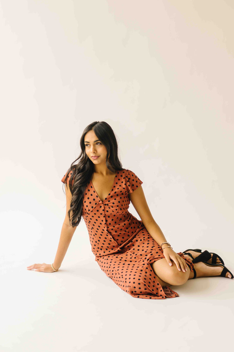 The Dennis Dotted Button-Up Midi Dress in Rust