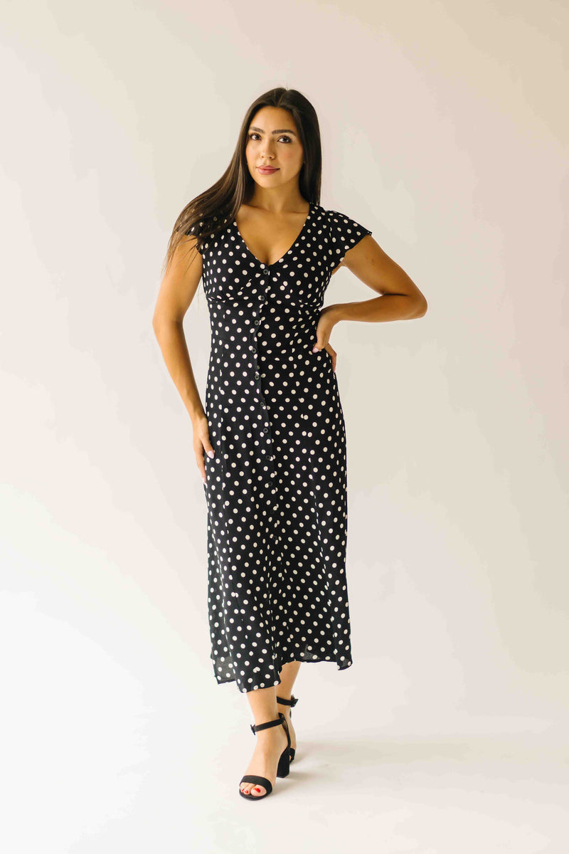 The Dennis Dotted Button-Up Midi Dress in Black