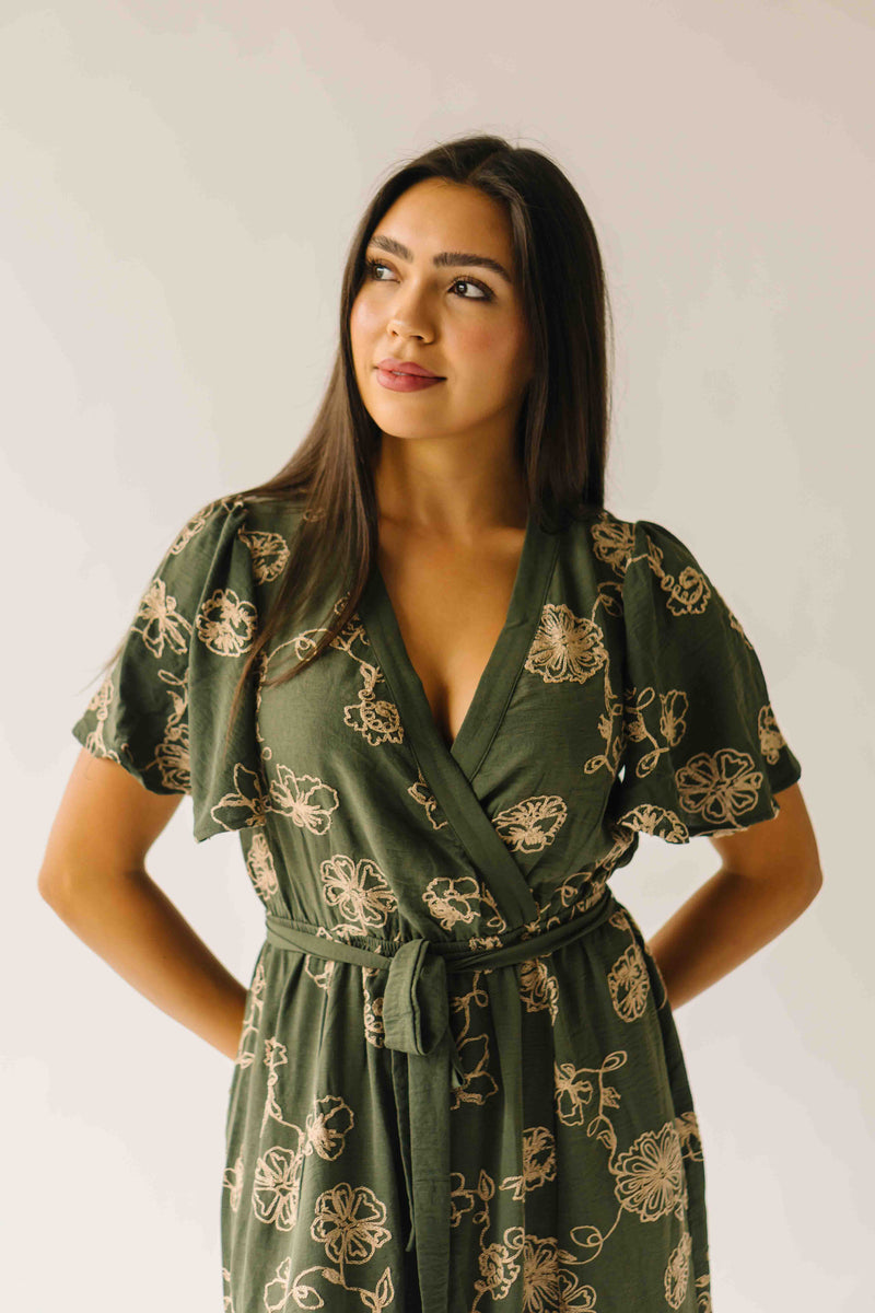 The Tressa Embroidered Detail Midi Dress in Olive