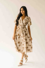 The Tressa Embroidered Detail Midi Dress in Tan + Brown