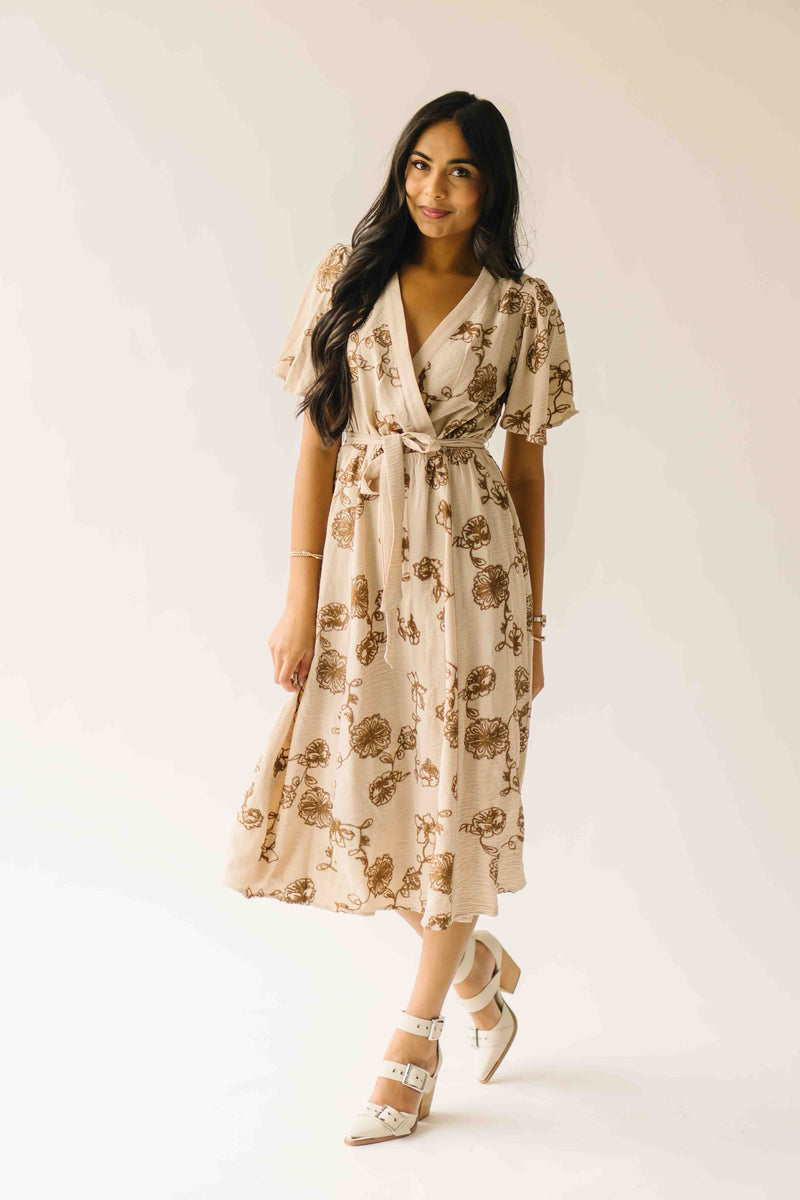 The Tressa Embroidered Detail Midi Dress in Tan + Brown