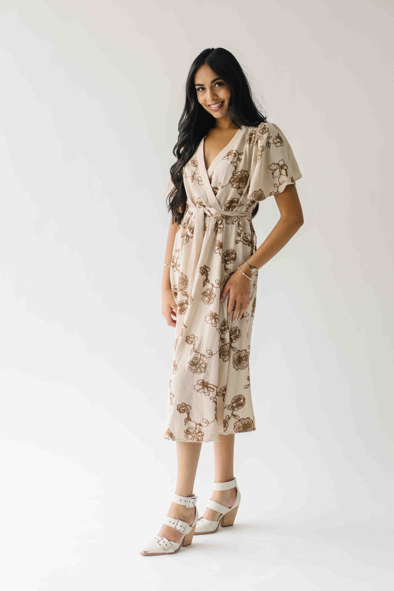 The Tressa Embroidered Detail Midi Dress in Tan + Brown