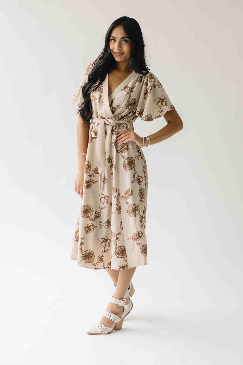 The Tressa Embroidered Detail Midi Dress in Tan + Brown