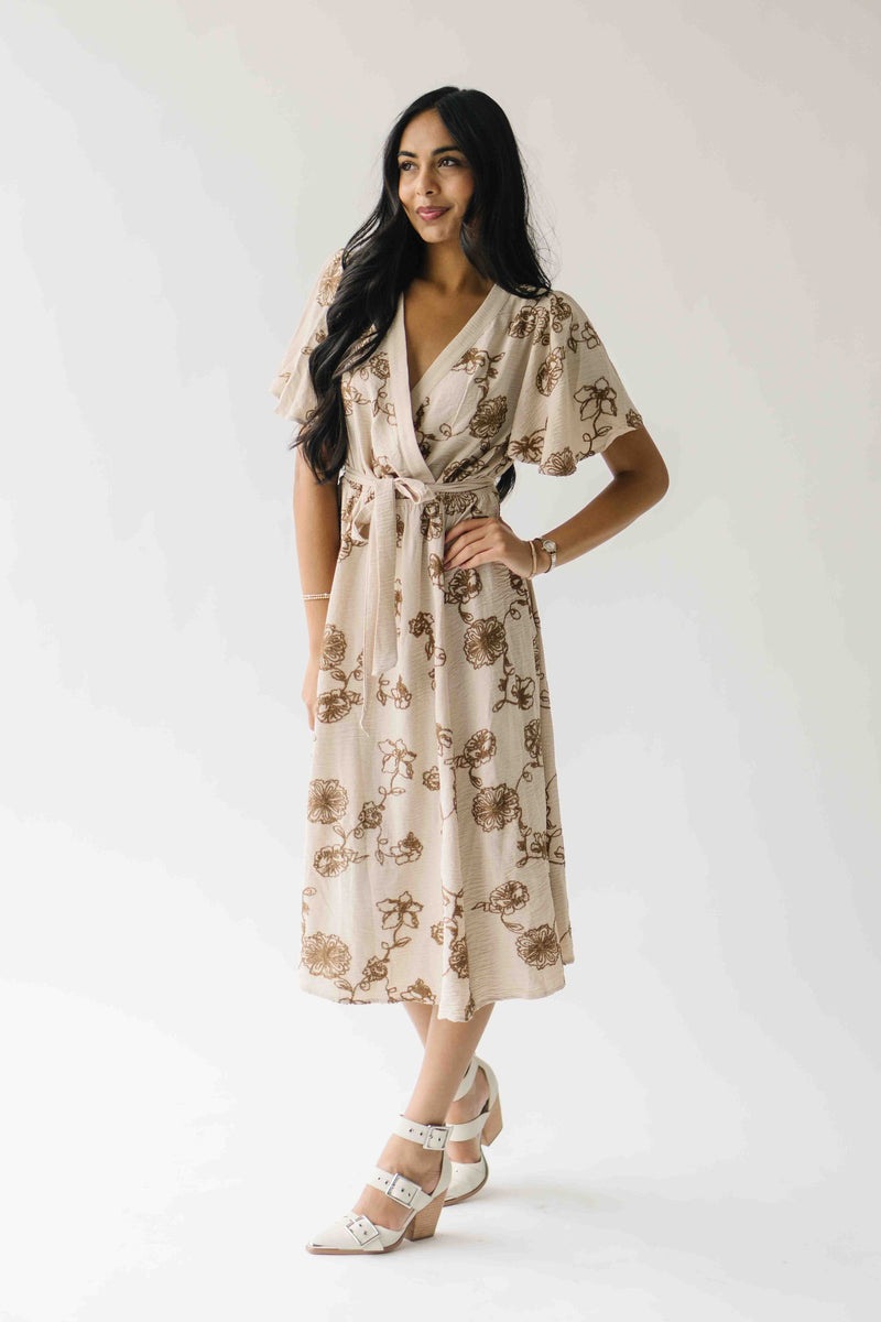 The Tressa Embroidered Detail Midi Dress in Tan + Brown