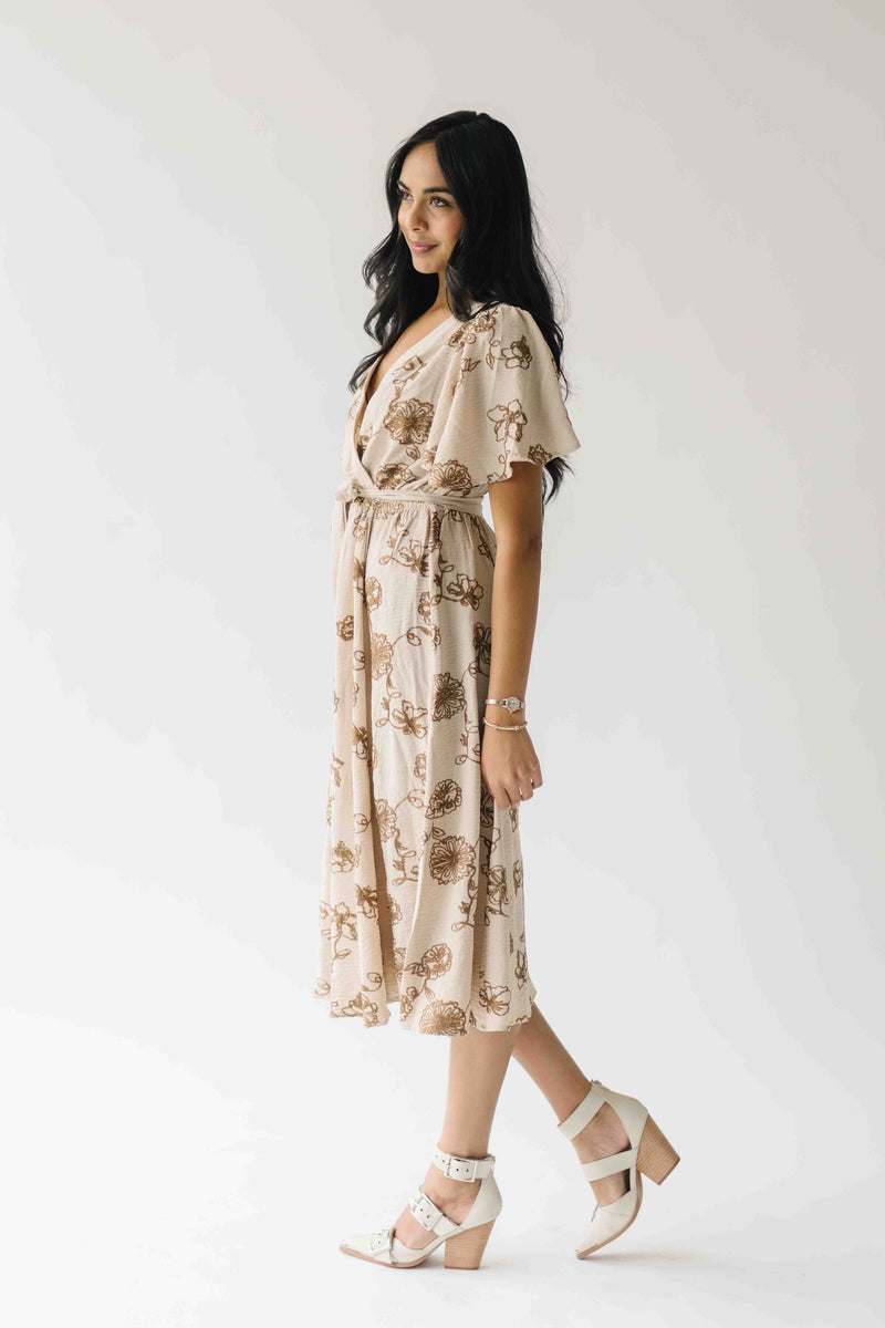The Tressa Embroidered Detail Midi Dress in Tan + Brown