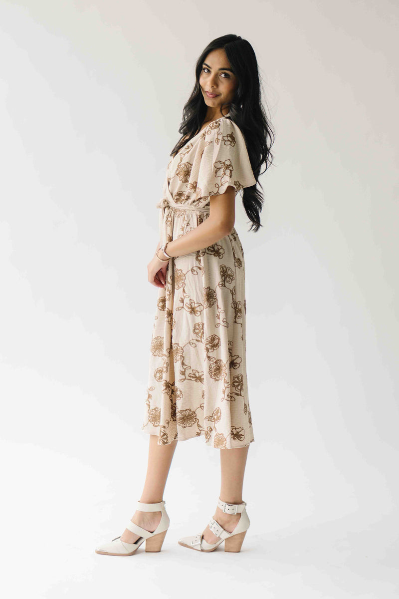 The Tressa Embroidered Detail Midi Dress in Tan + Brown