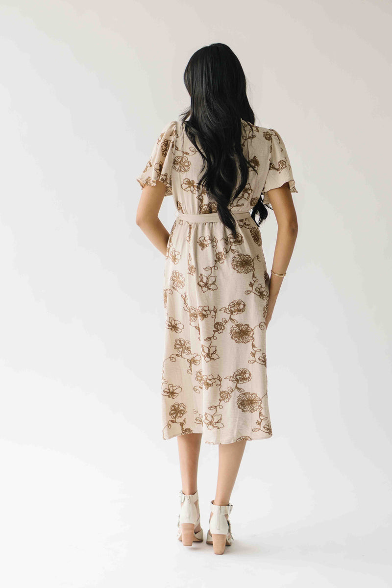 The Tressa Embroidered Detail Midi Dress in Tan + Brown