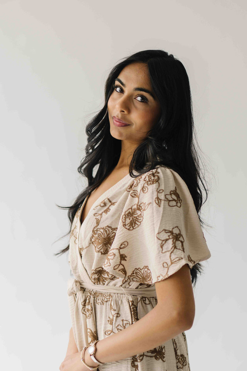 The Tressa Embroidered Detail Midi Dress in Tan + Brown