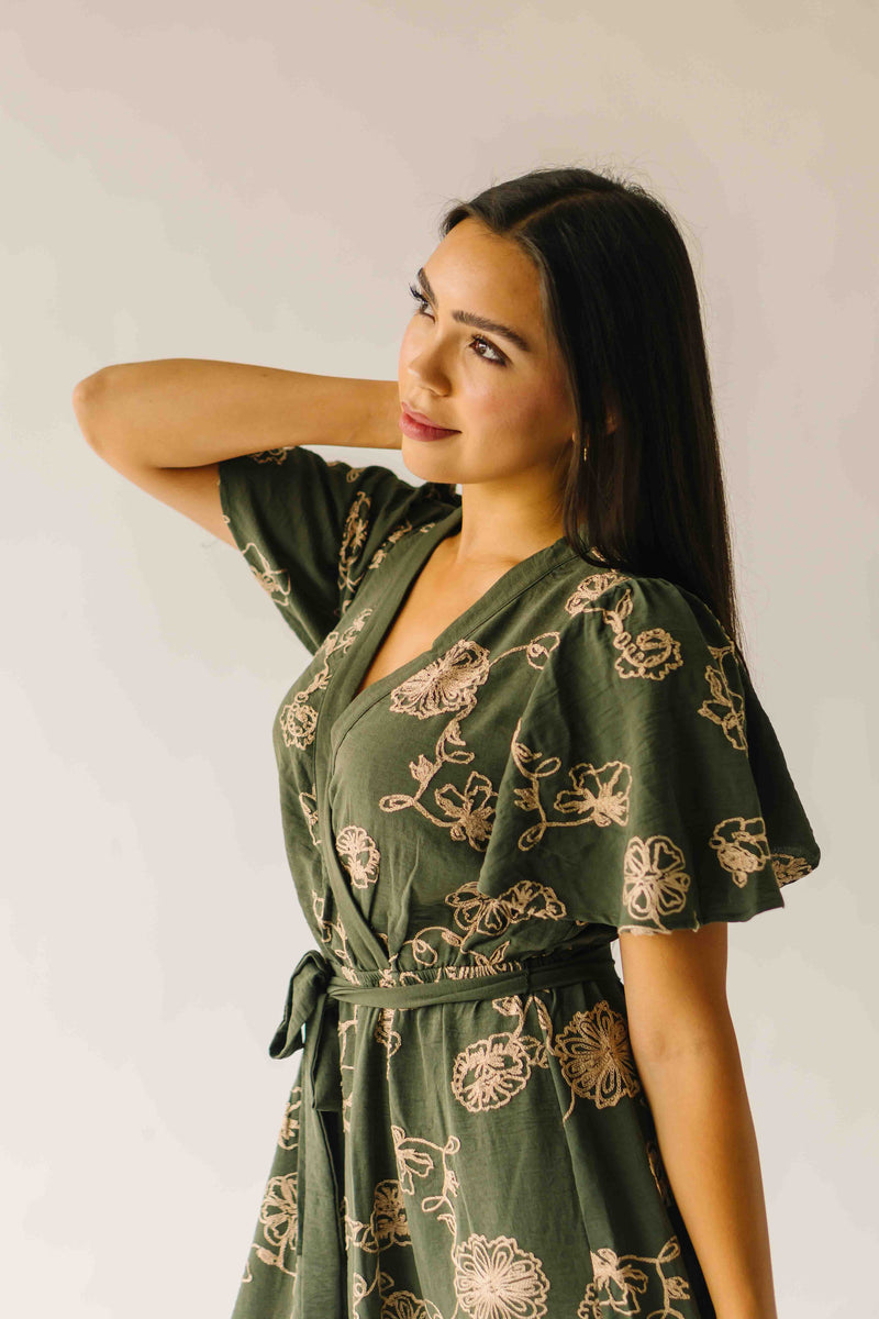The Tressa Embroidered Detail Midi Dress in Olive