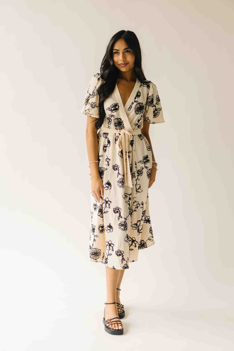 The Tressa Embroidered Detail Midi Dress in Cream + Black