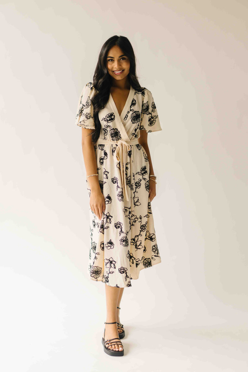 The Tressa Embroidered Detail Midi Dress in Cream + Black