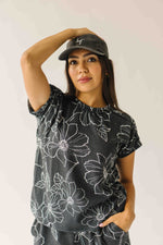 The Rita Floral Ribbed Tee in Black