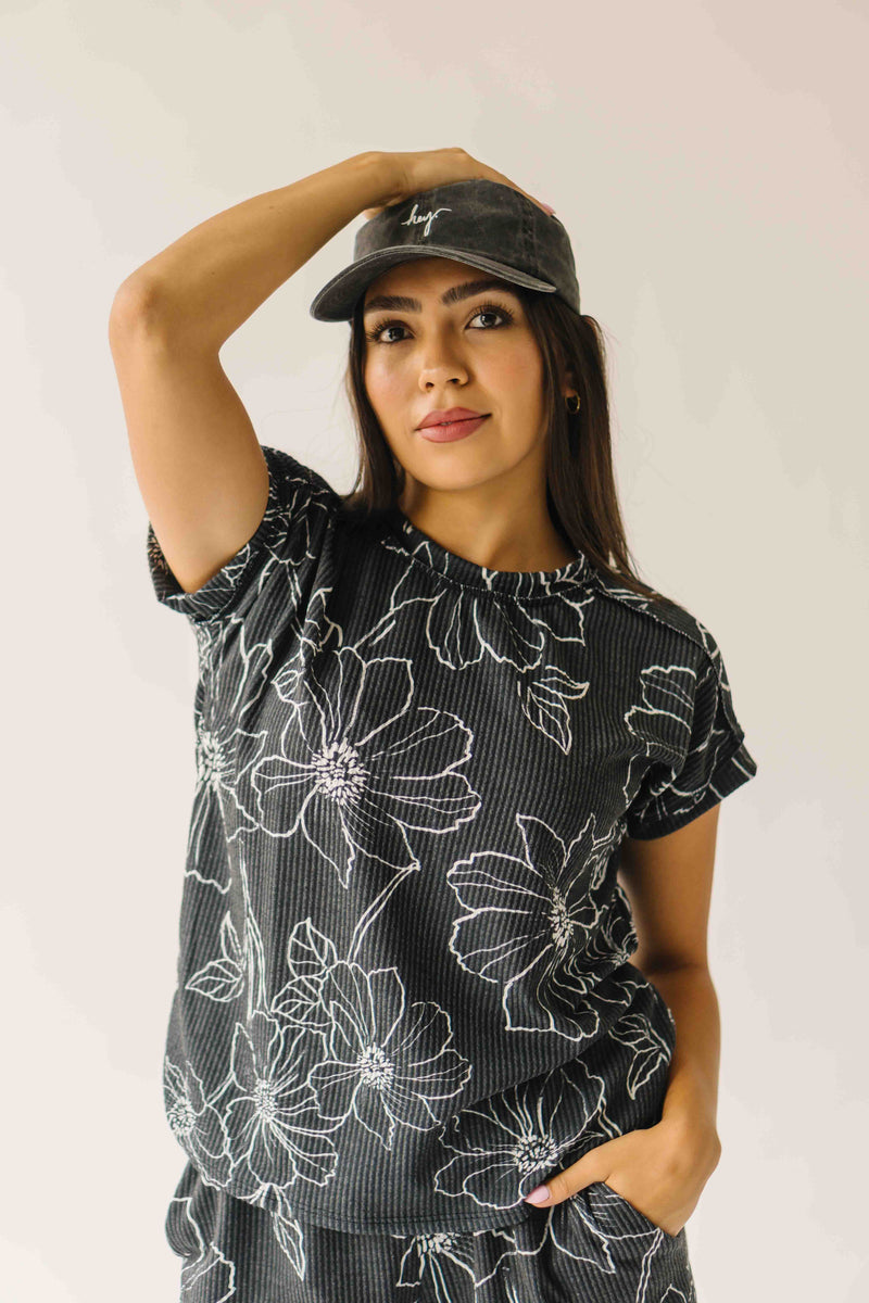 The Rita Floral Ribbed Tee in Black