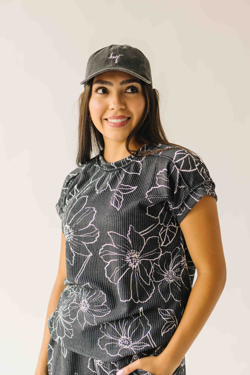 The Rita Floral Ribbed Tee in Black