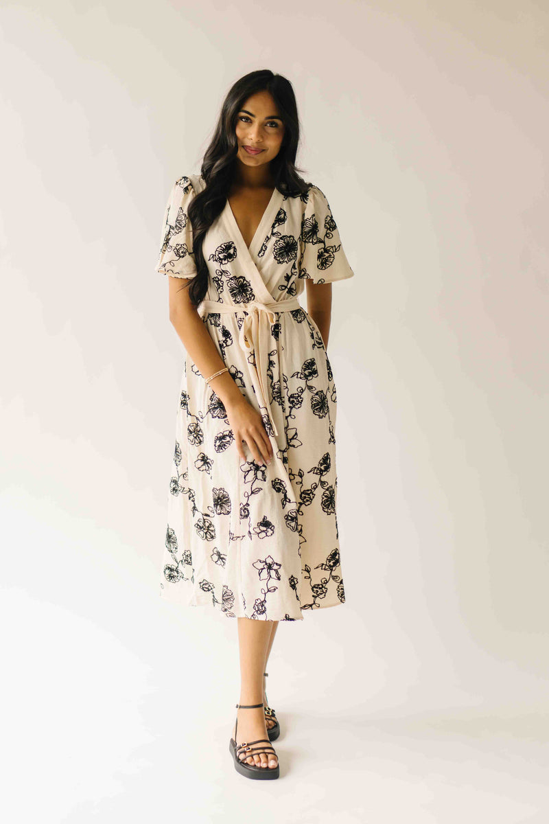 The Tressa Embroidered Detail Midi Dress in Cream + Black