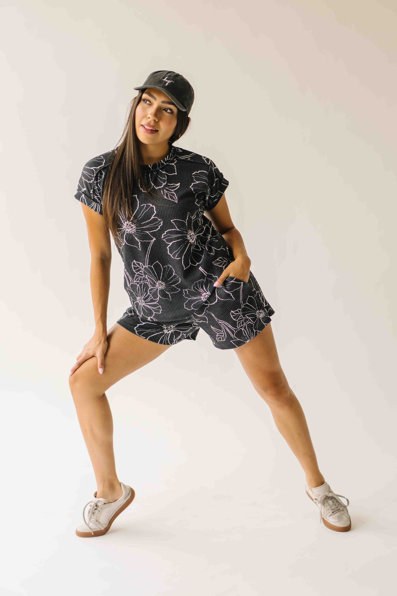 The Rita Floral Ribbed Tee in Black
